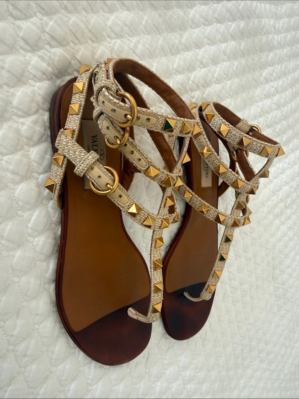 Valentino Beige Leather T-Strap Sandals with Gold Studs